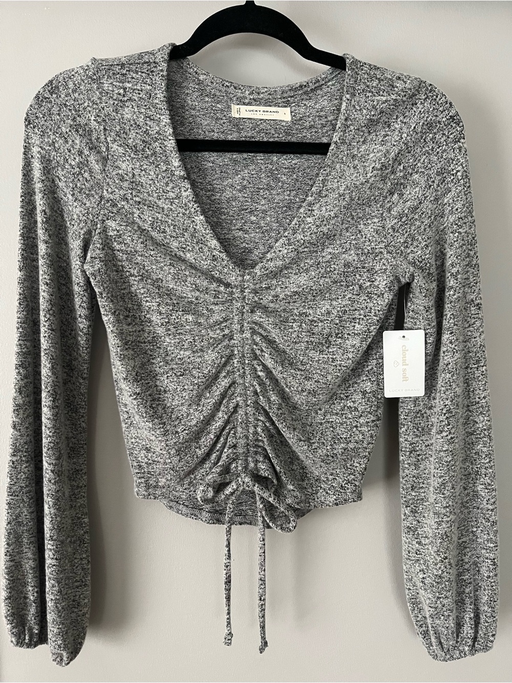 Lucky Brand Heathered Grey Ruched V-Neck Sweater